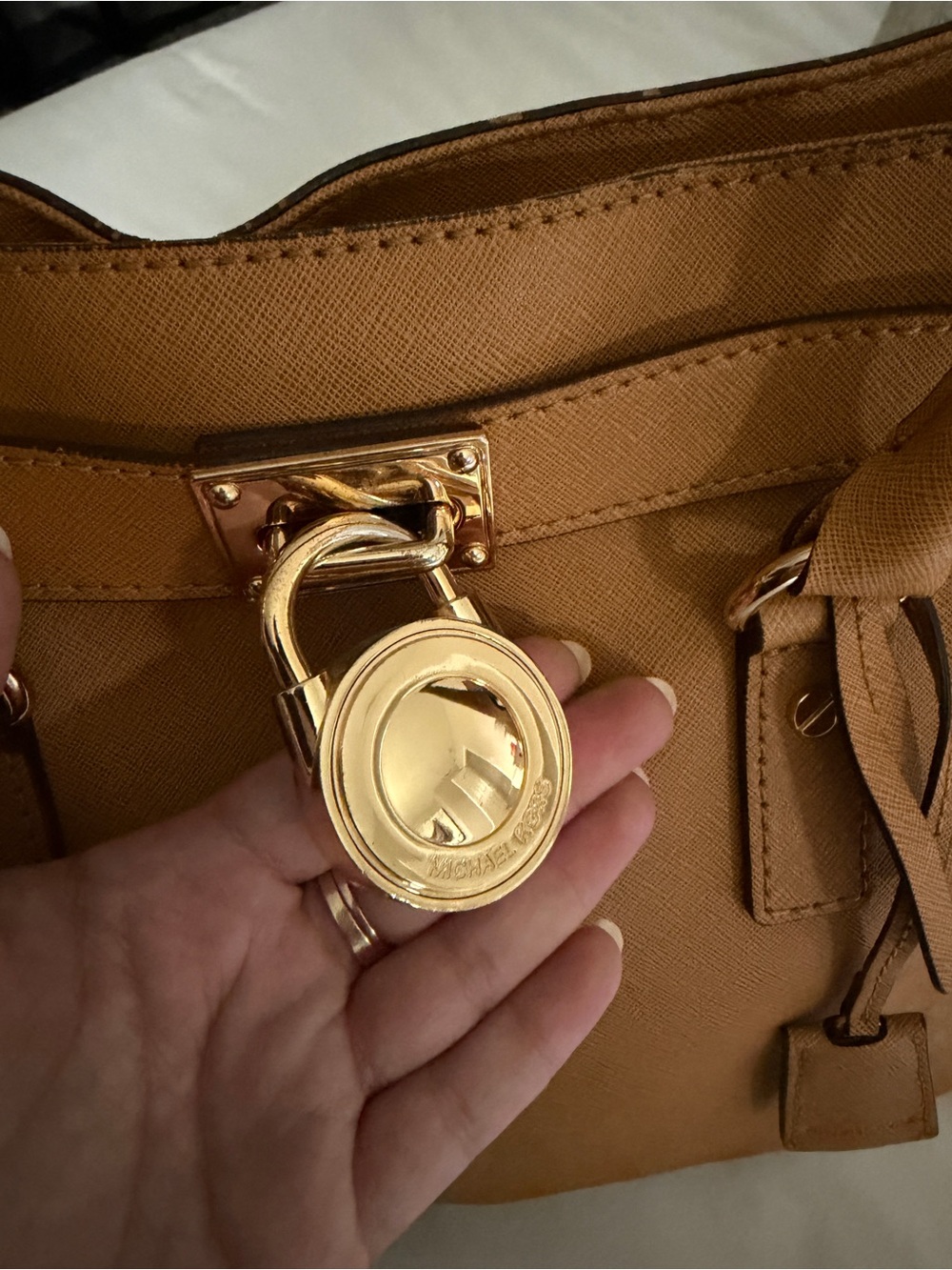 Michael Kors Cognac Saffiano Leather Satchel with Gold Lock